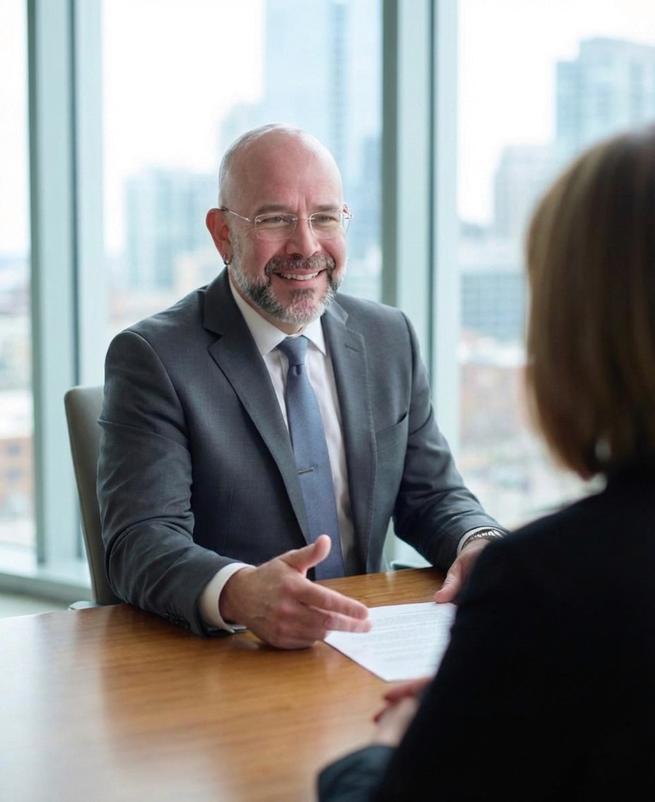 Mark Hennick sitting at a meeting table providng Leadership Consulting and Coaching