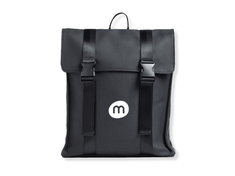 Recycled polyester backpack with padded straps and branding area.