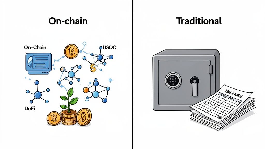 An illustration comparing on-chain decentralized finance with traditional banking systems, showing cryptocurrencies, DeFi, and a safe with documents.
