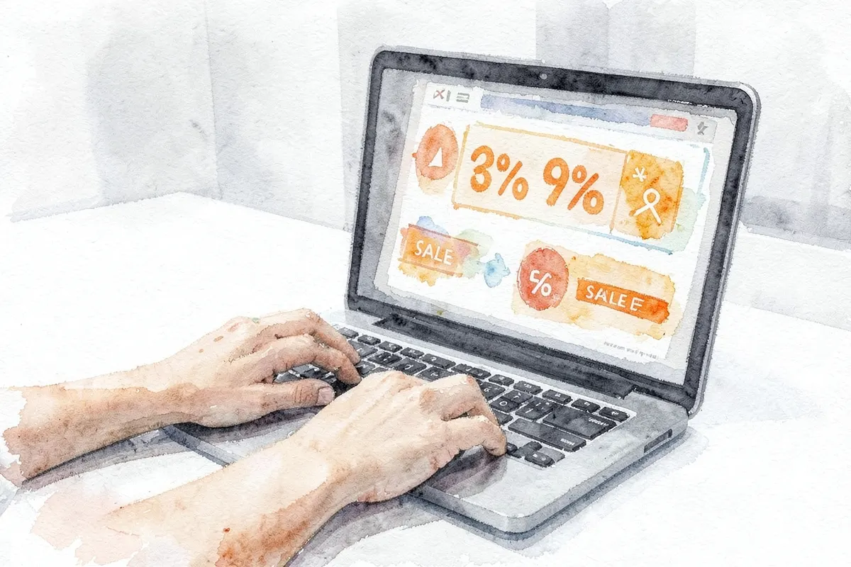 Uma pessoa usando um laptop em uma mesa, com gráficos de descontos e promoções aparecendo na tela.