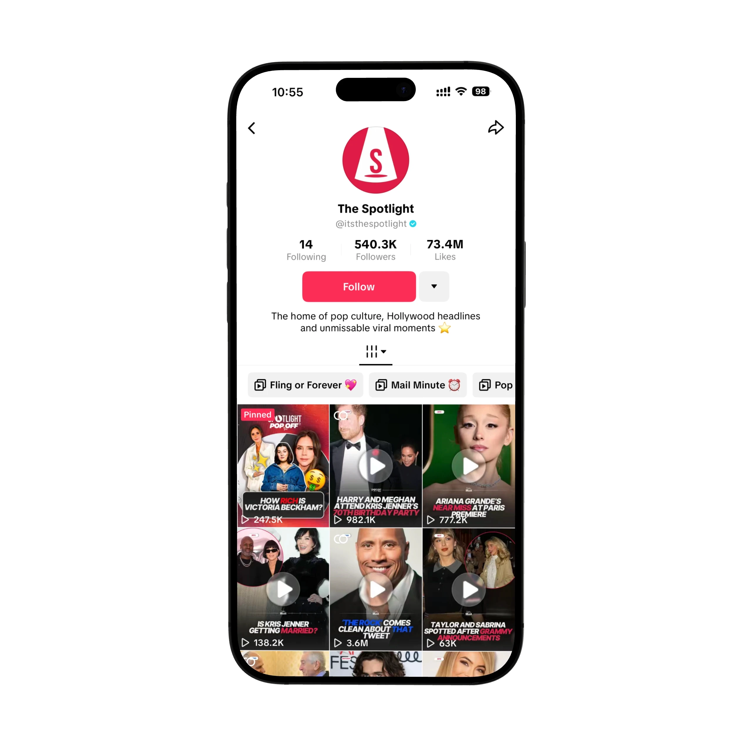 Screenshot of The Spotlight TikTok profile with 540K followers, featuring pop culture videos, celebrity news, and viral Hollywood moments.