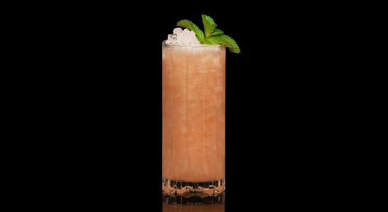 A closeup of a Savory, Year Round Black Russian drink against a dark background.