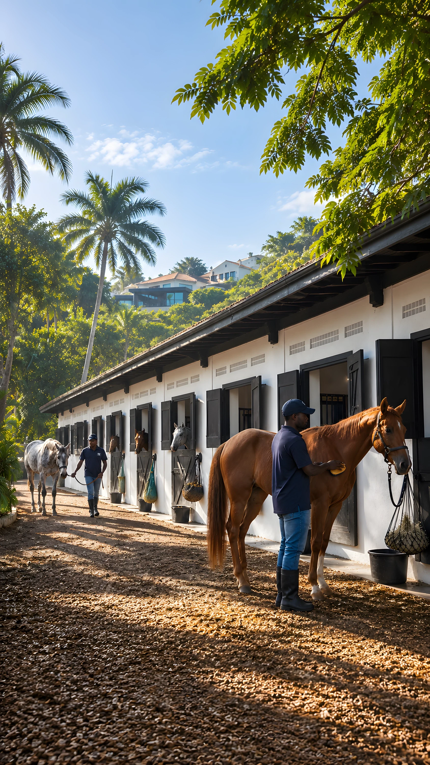 Rendered stable block with grooms tending horses at open stall doors, palms and hillside homes behind
