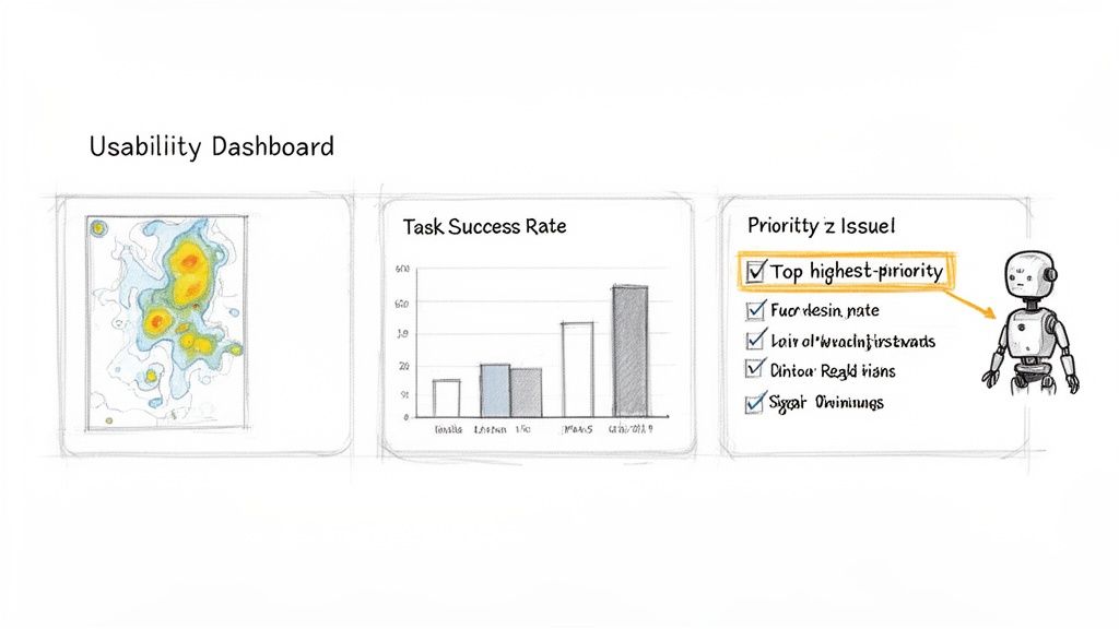 A hand-drawn usability dashboard showing a heatmap, task success rate bar chart, and priority issues checklist with a robot.