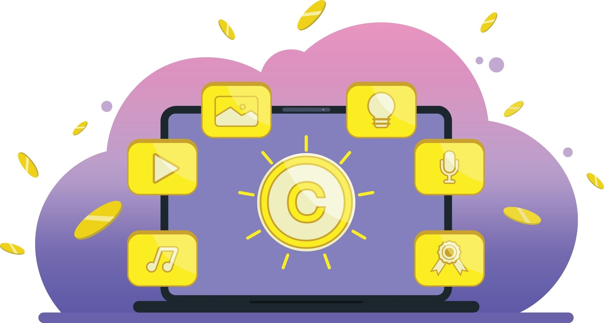 Content usage rights management illustration showing a copyright symbol on a laptop surrounded by video, image, audio, and creator content icons