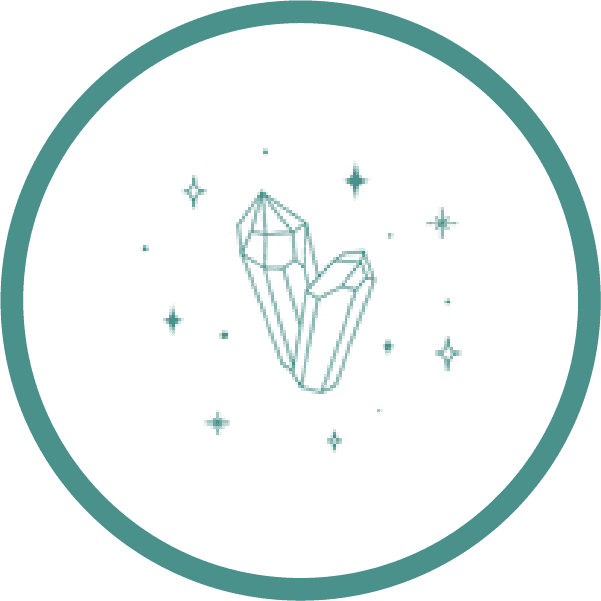 Line-art crystal cluster surrounded by small stars