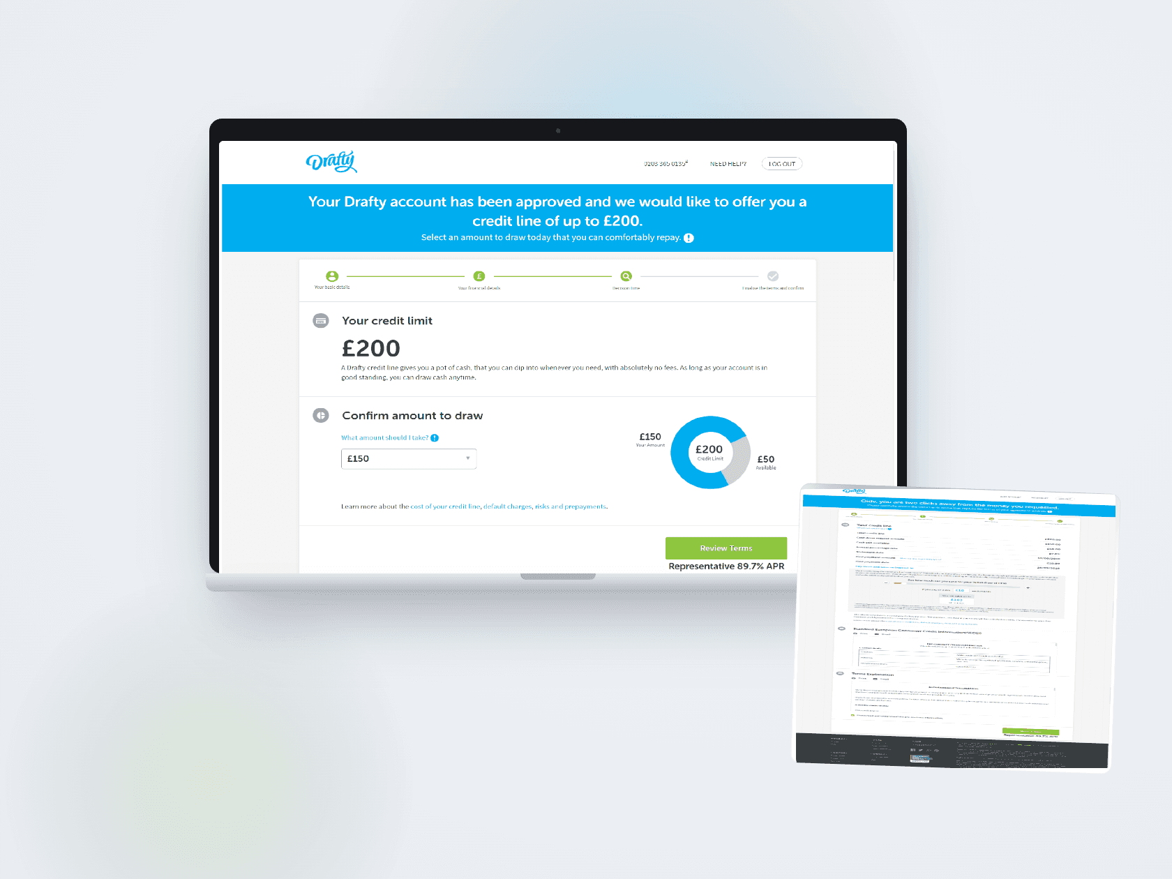 Drafty credit line UX showing a visual donut chart of the credit limit and draw amount, the SECCI pre-contract credit information document, and the one-tap electronic signature agreement.