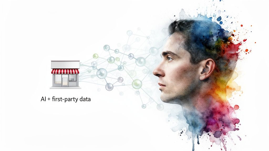 Marketing concept showing AI and first-party data connecting a store to a customer.