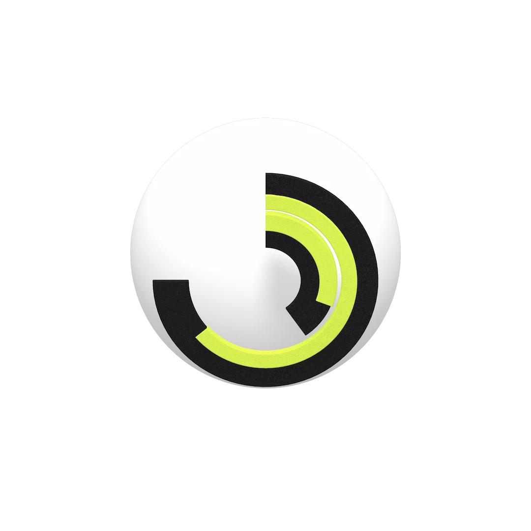 Abstract design featuring a white circular background with segmented black and neon yellow arcs forming a partial concentric pattern.