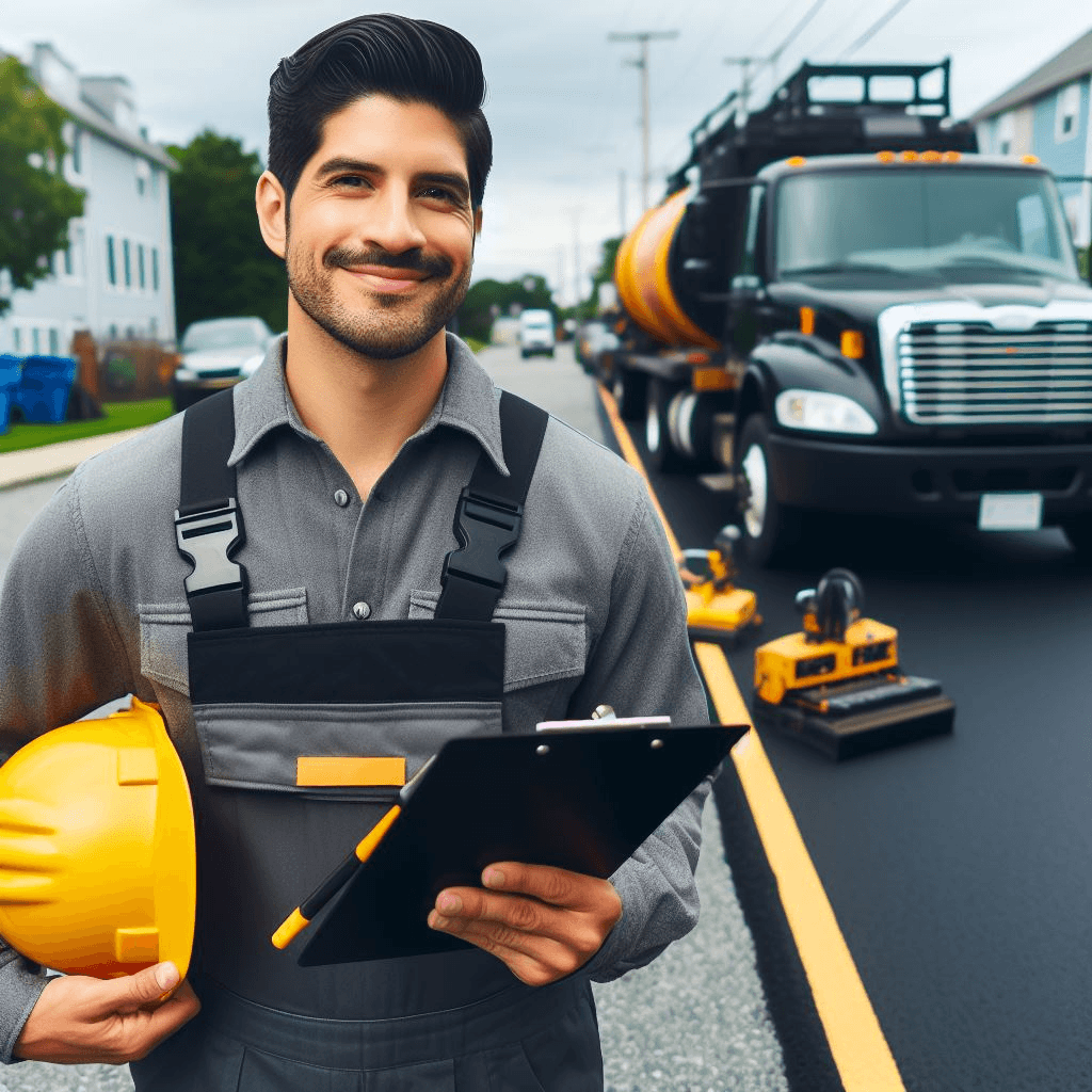 Smiling construction worker in front of project