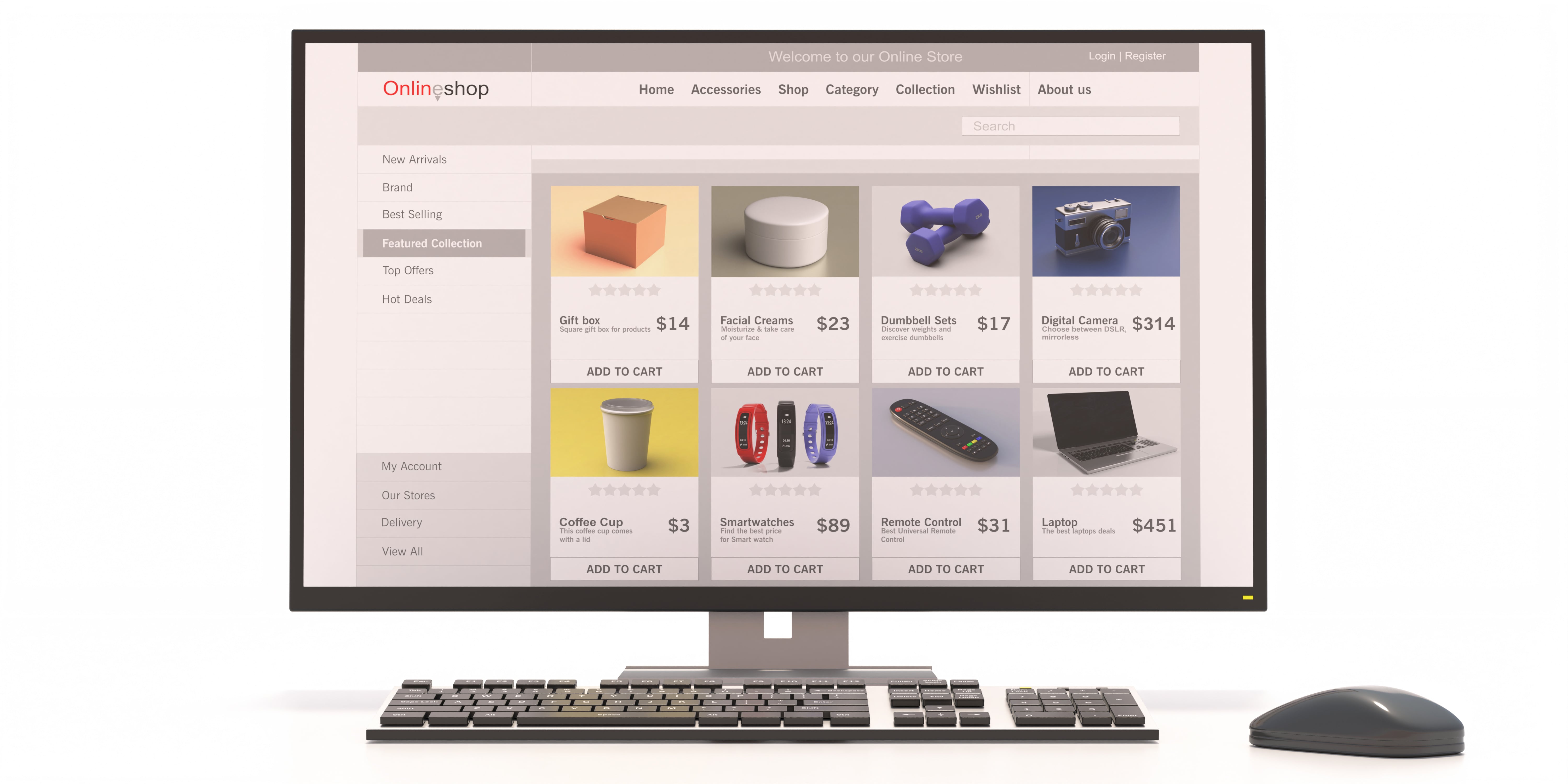 Desktop computer with keyboard and mouse displaying an e-commerce website with a product grid, illustrating the concept of online shopping and digital retail