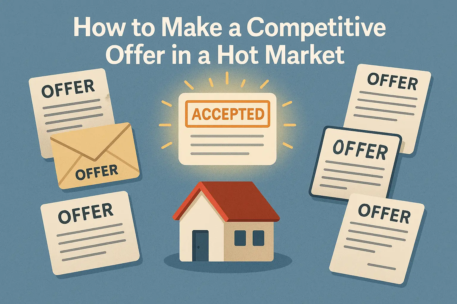 "How to Make a Competitive Offer in a Hot Market," showing a small house surrounded by multiple competing loan offers. One offer document is highlighted as "ACCEPTED," symbolizing the success of making a strong, winning real estate offer in a competitive housing market