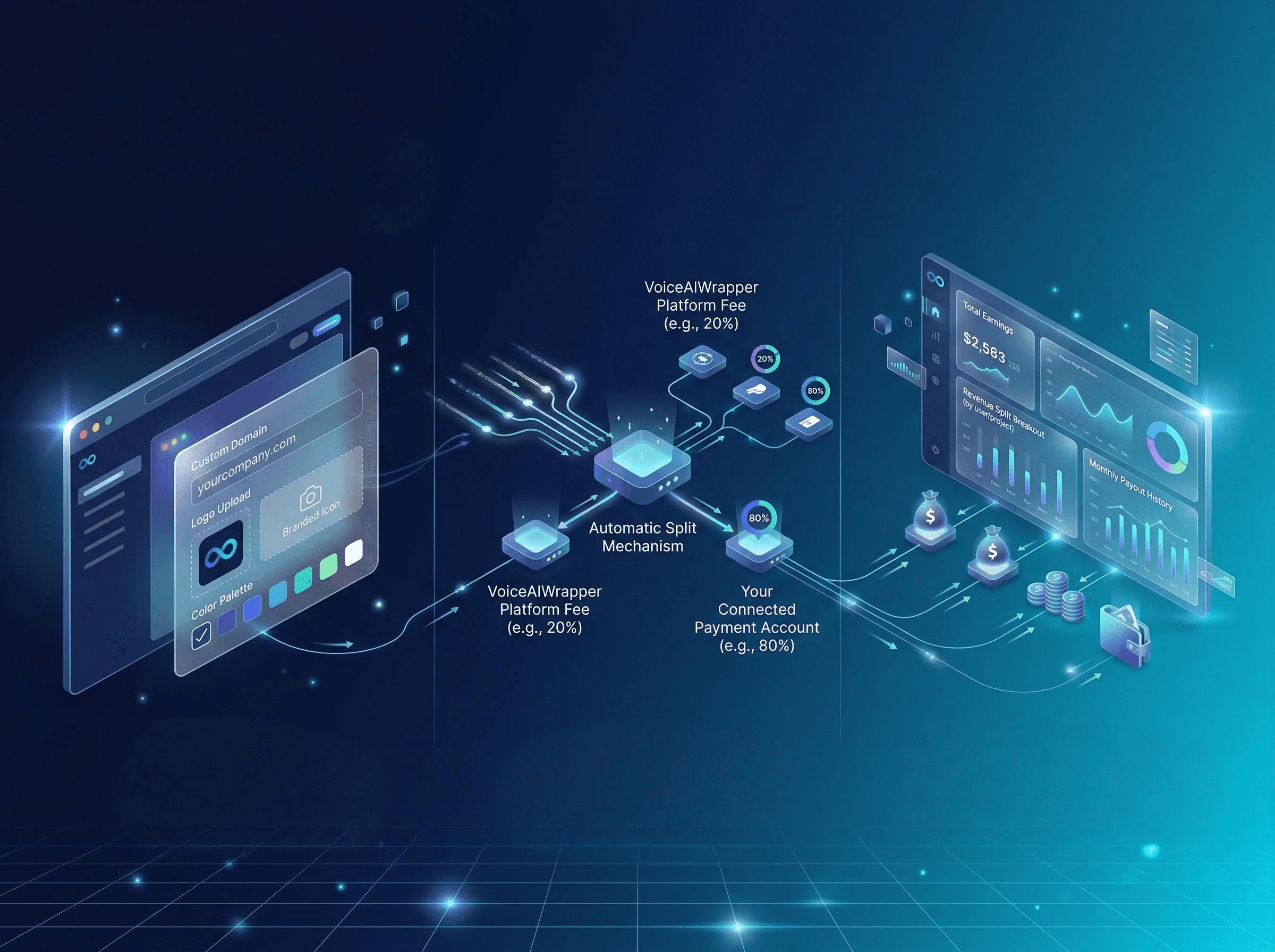 AI chat voice split feature with branded client portals on custom domain, multi-currency subscription and overage billing, and direct Stripe payments with zero revenue sharing | VoiceAIWrapper.