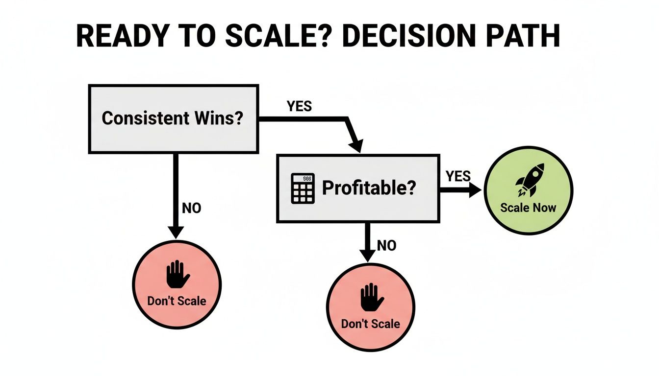 Flowchart illustrating a decision path for business scaling, asking about consistent wins and profitability.
