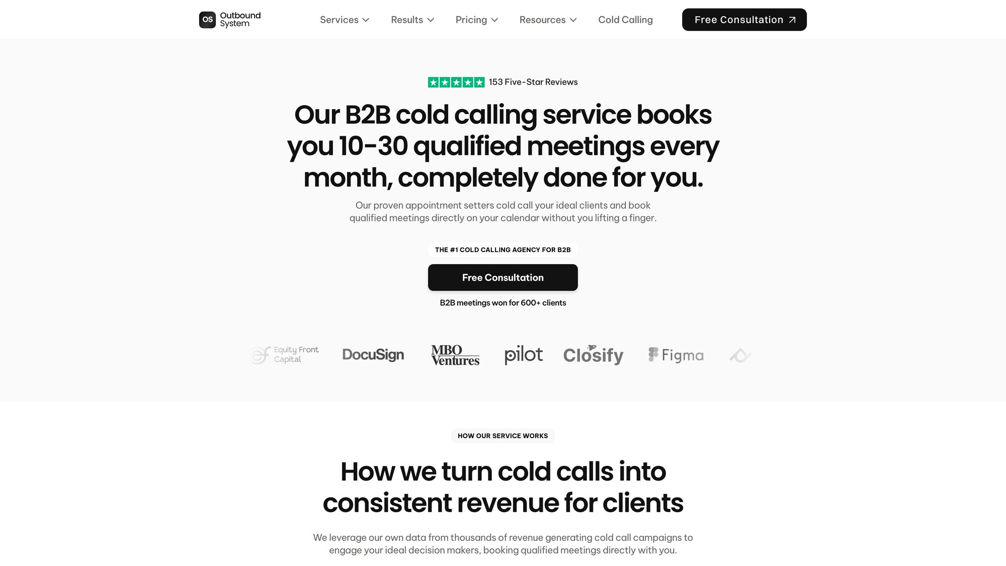 Outbound System cold calling agency page with 10-30 meeting guarantee and trained SDR team