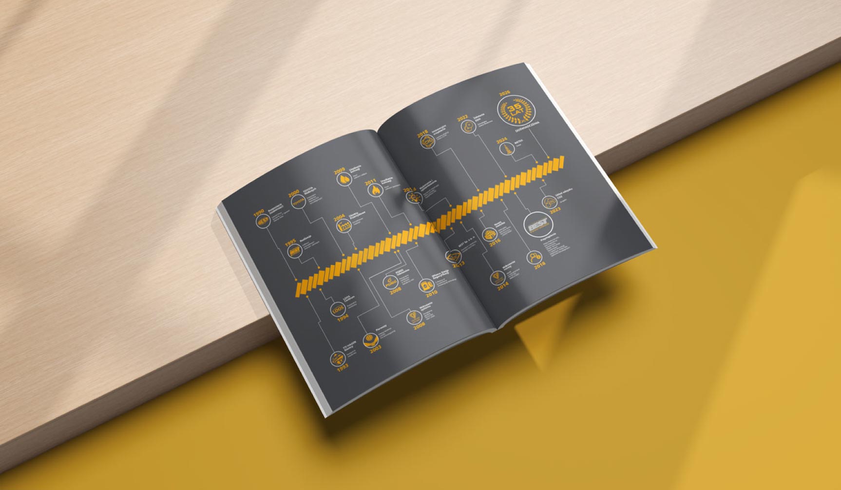 Skład i łamanie tekstu w broszurze technicznej – widok rozkładówki z infografikami.