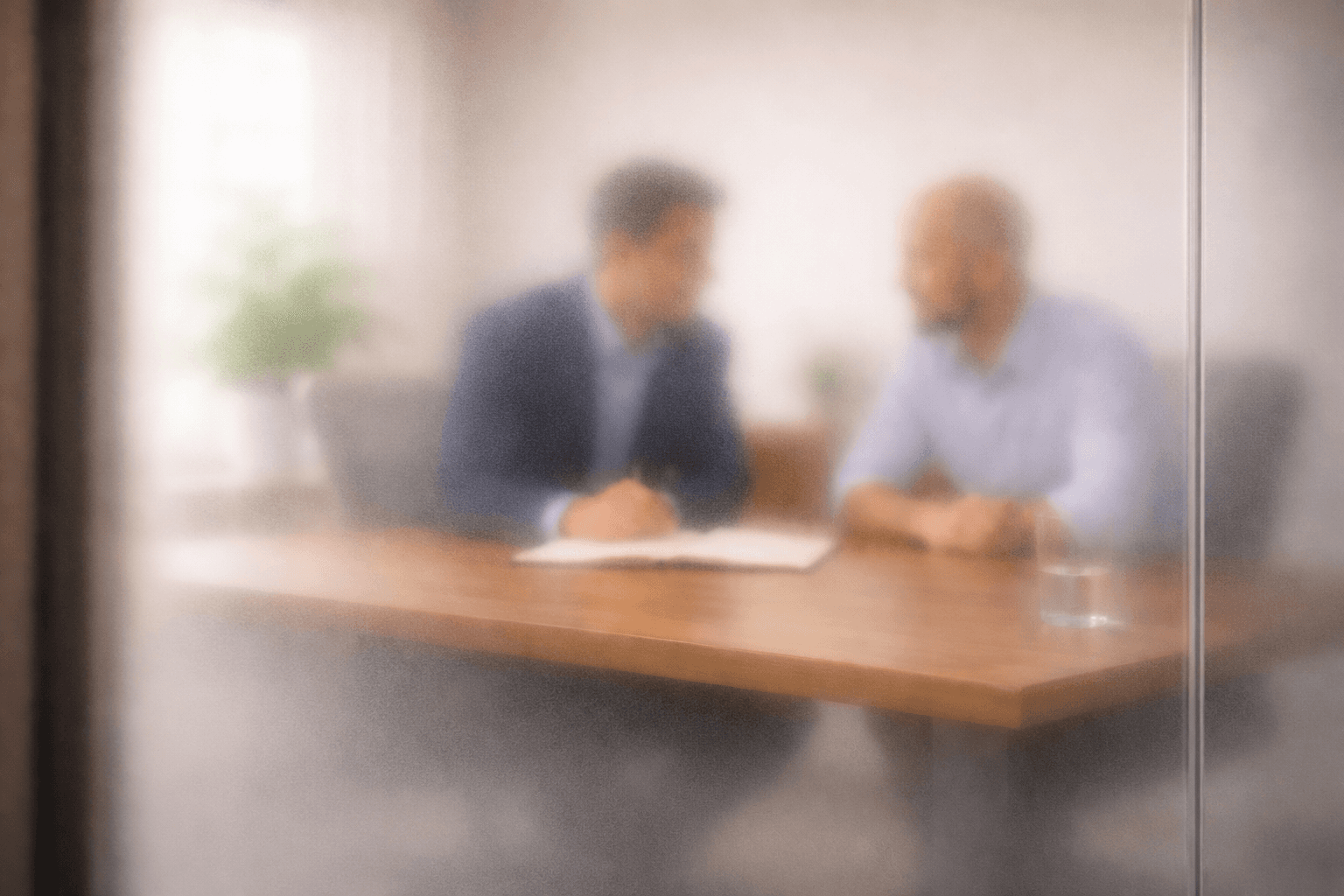 Intentionally blurred image of two professionals meeting at a table, with details obscured.