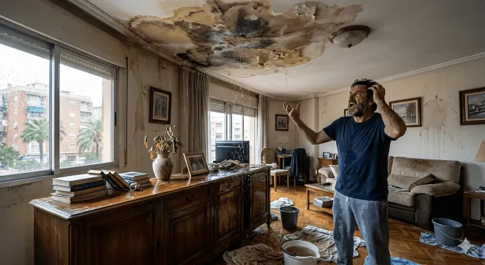 Humedad severa en el techo de un vecino causada por una fuga de agua en el piso de alquiler superior.