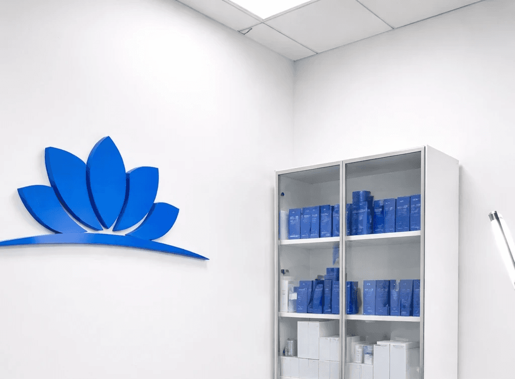 Modern hospital reception area with a white desk