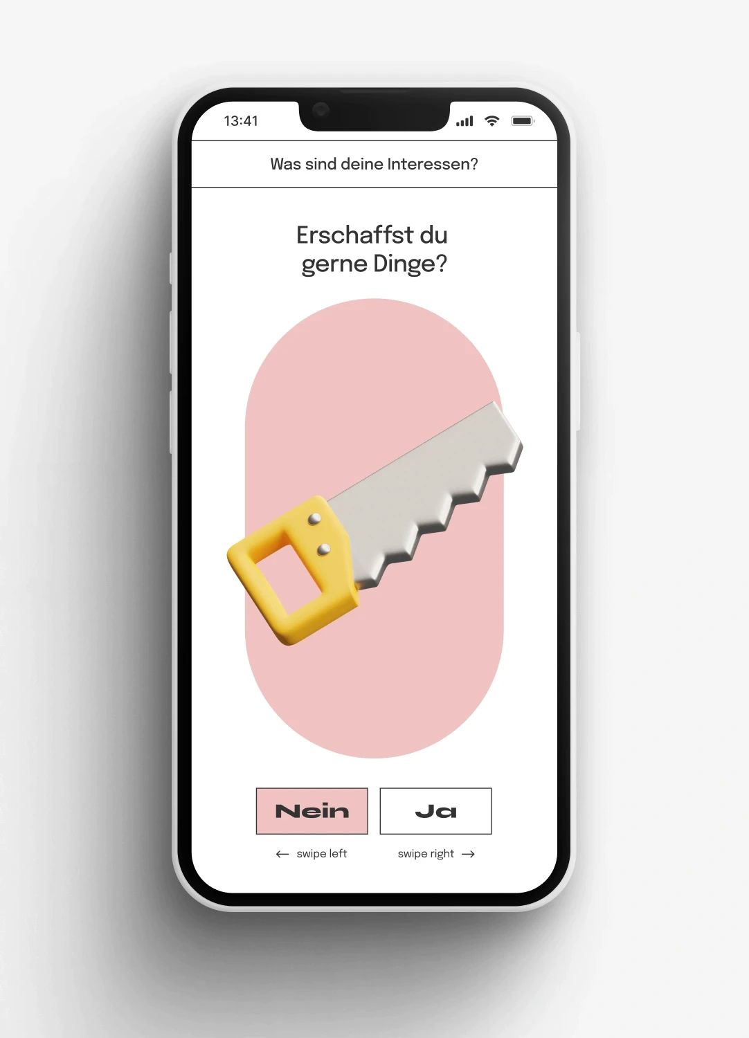 Smartphone-Screen mit einer Frage: ‘Erschaffst du gerne Dinge?’ und einem Bild einer Säge. Teil der interaktiven Web-App für KZ-Gedenkstätten Buchenwald und Sachsenhausen, entwickelt von fjnland.