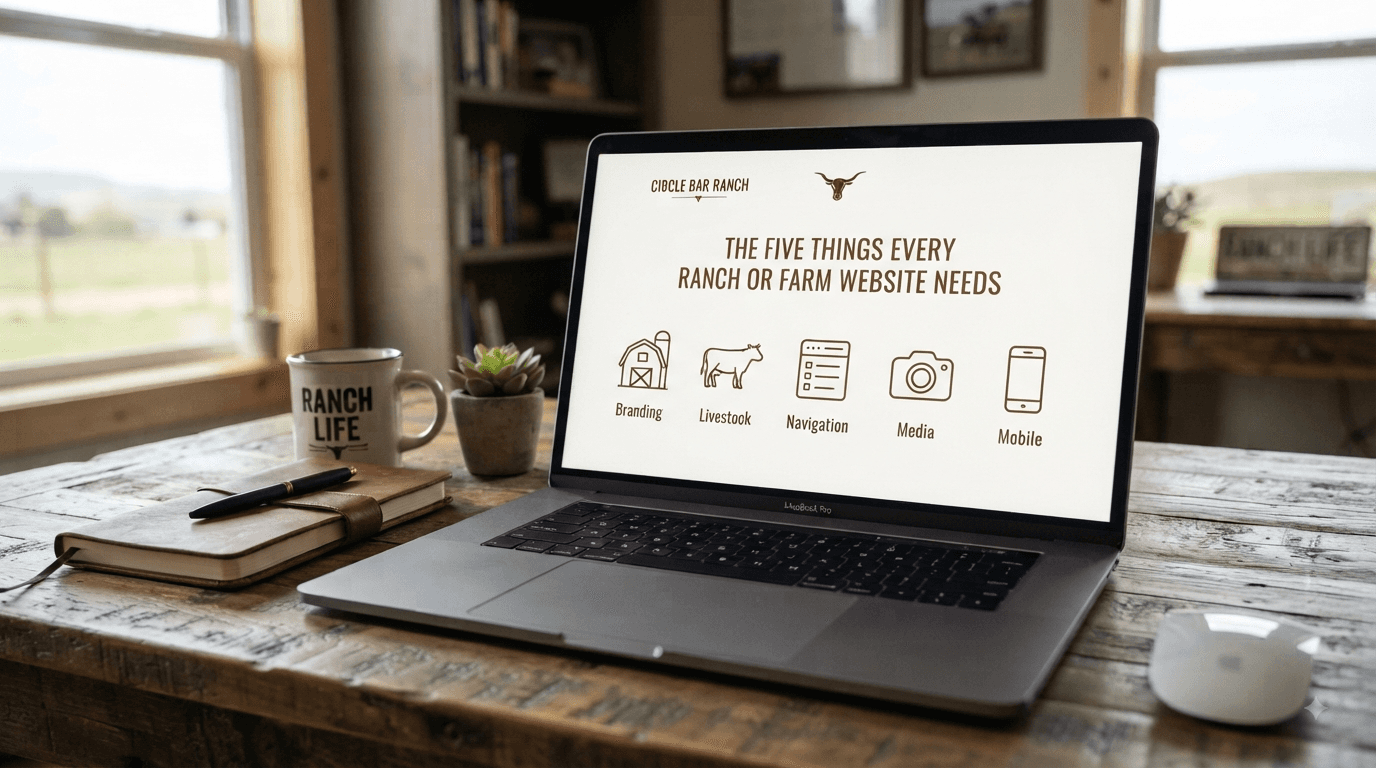 laptop of blog about Five Things Every Ranch or Farm Website Needs sitting on wooden desk