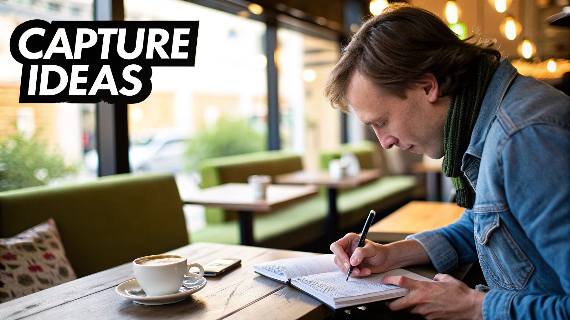 A person writing in a notebook, surrounded by books and a warm light, representing the act of capturing ideas.