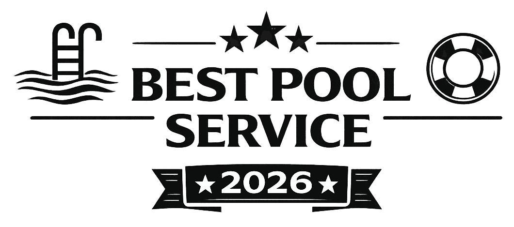 This black and white badge design features a swimming pool ladder and lifebuoy, with three stars and bold text reading "Best Pool Service" above the year "2026," framed by horizontal lines.