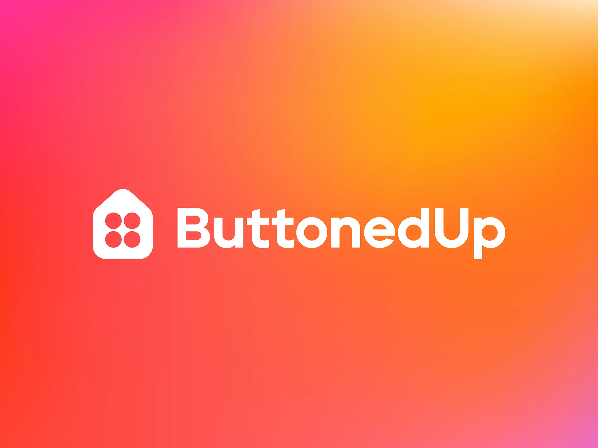 ButtonedUp is an AI-powered platform that helps busy households stay organized. Home, finances, work, life events. All in one place. The concept lives in the name. "Buttoned up" means neat, sorted, together. So the icon merges a house silhouette with a four-hole sewing button. The house reads as home. The button holes read as both a literal button and a tidy grid. One shape carrying two meanings, quietly. The gradient runs from warm coral through magenta. Friendly and energetic without feeling like another generic productivity app. The rounded wordmark in dark navy keeps things grounded and easy to trust.