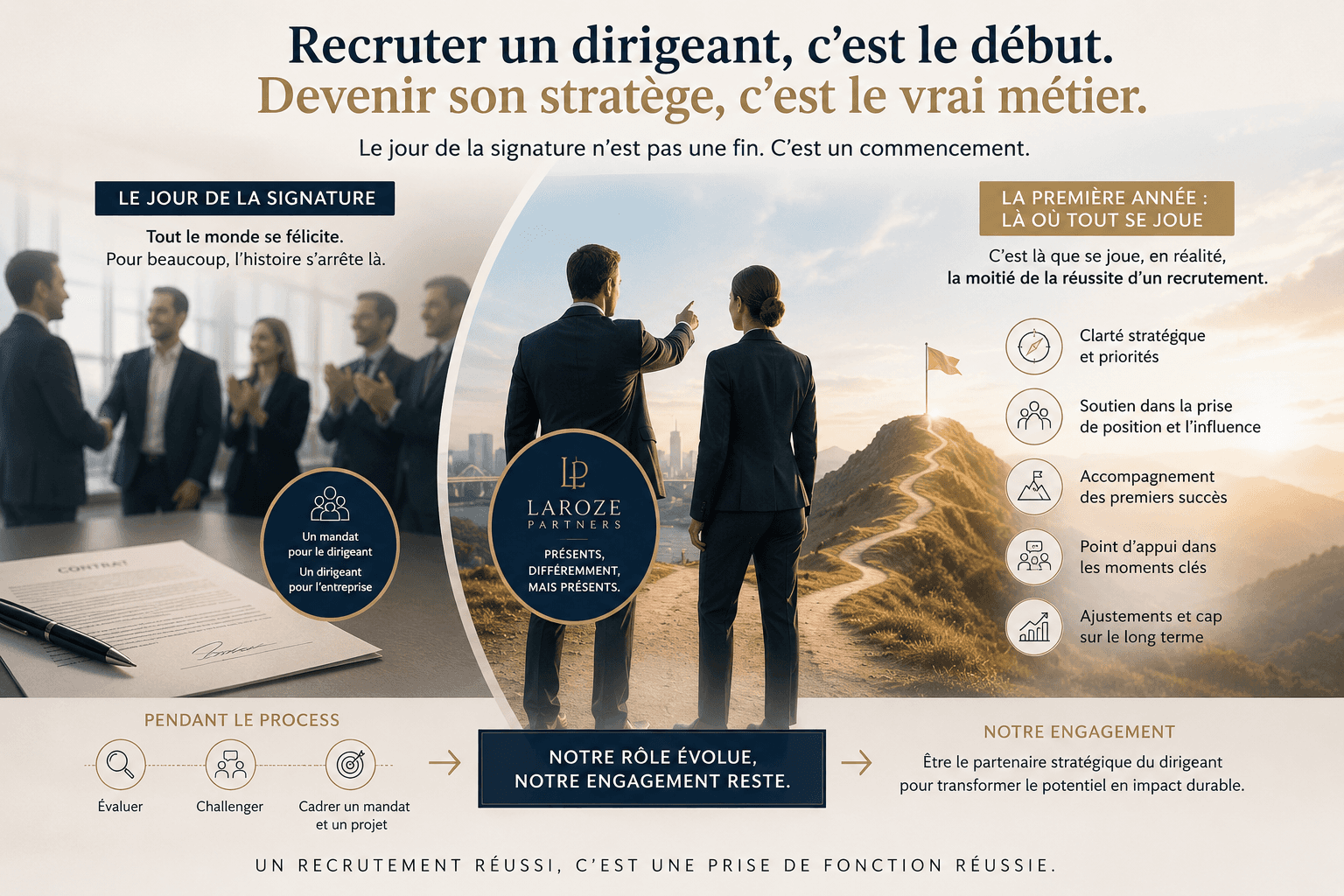 Infographie sur le recrutement de dirigeants par un cabinet d'executive search illustrant l'accompagnement stratégique après la signature, l'onboarding d'un CEO et les facteurs clés de réussite de la première année de prise de fonction.