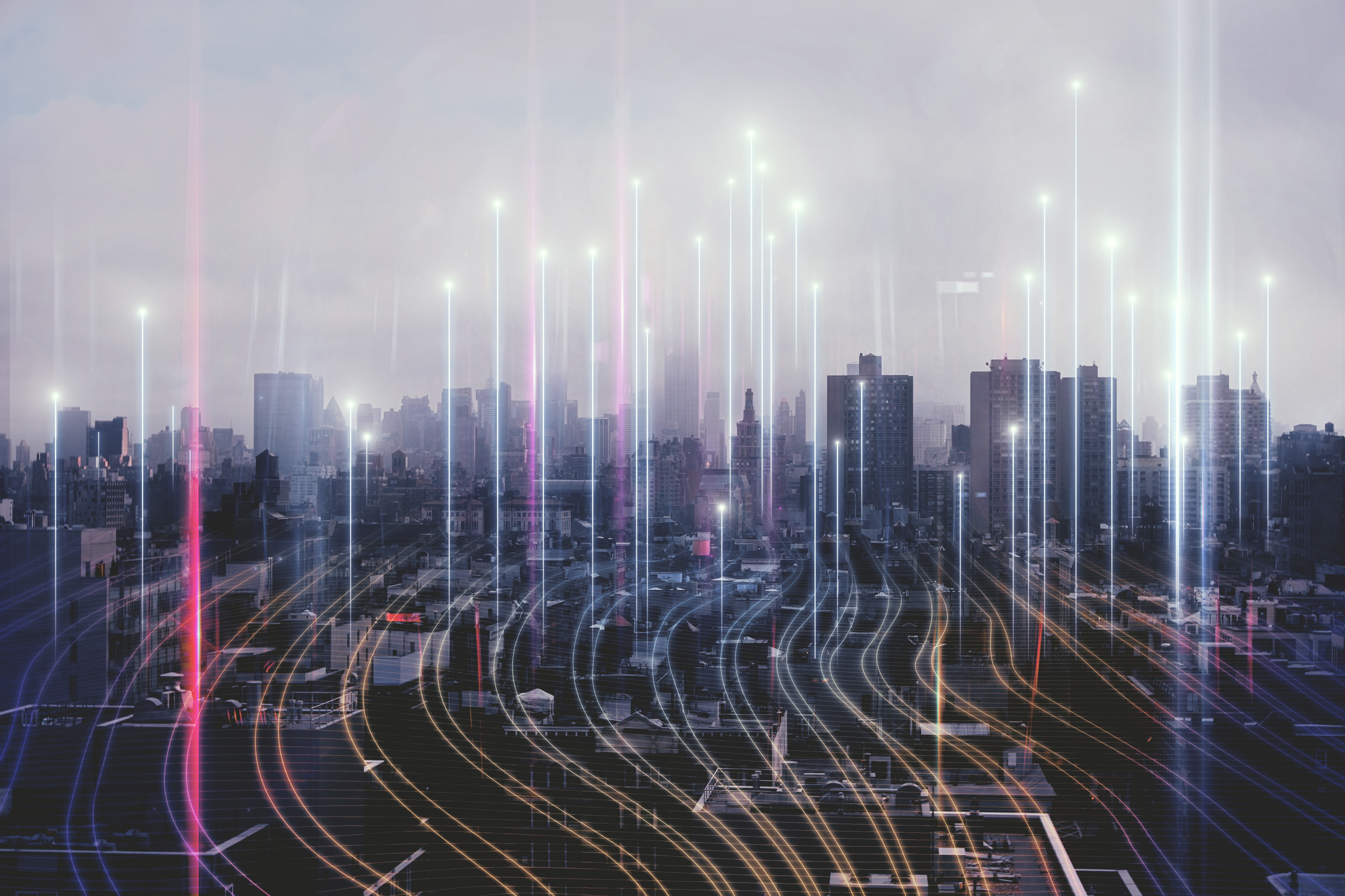 Cityscape with technology grid