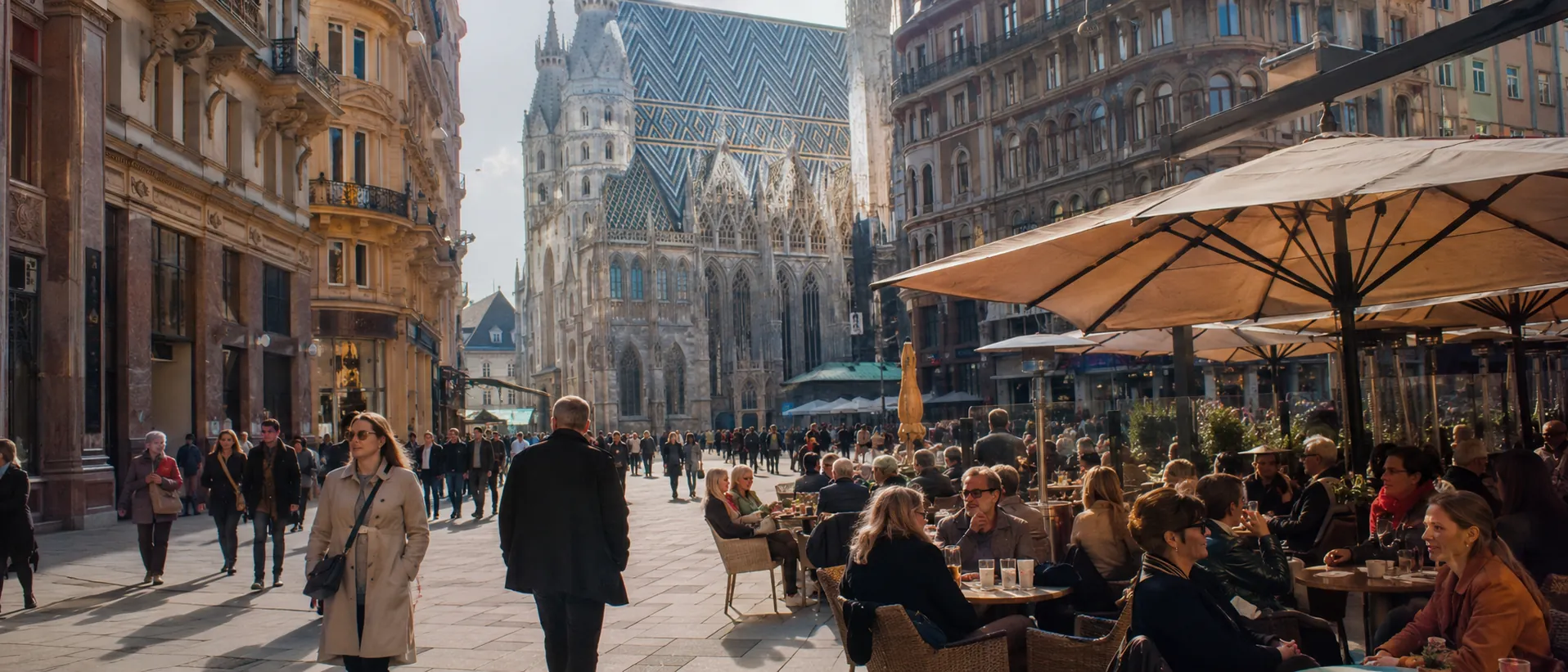 Wiener Innenstadt mit Stephansdom, Straßencafés und heller Morgenstimmung