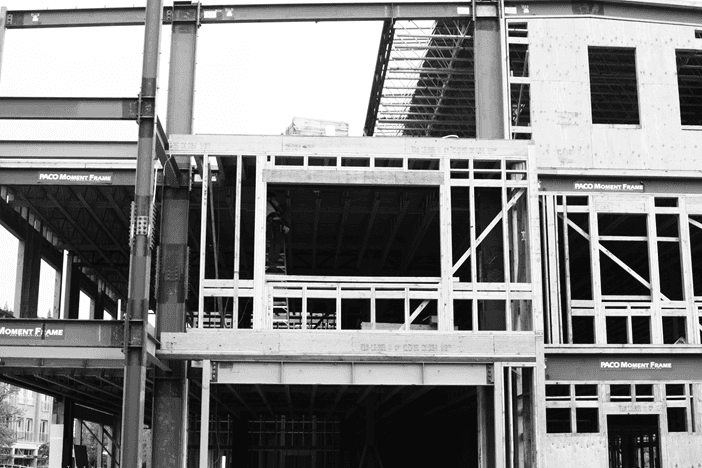 Steel and timber building frame under construction