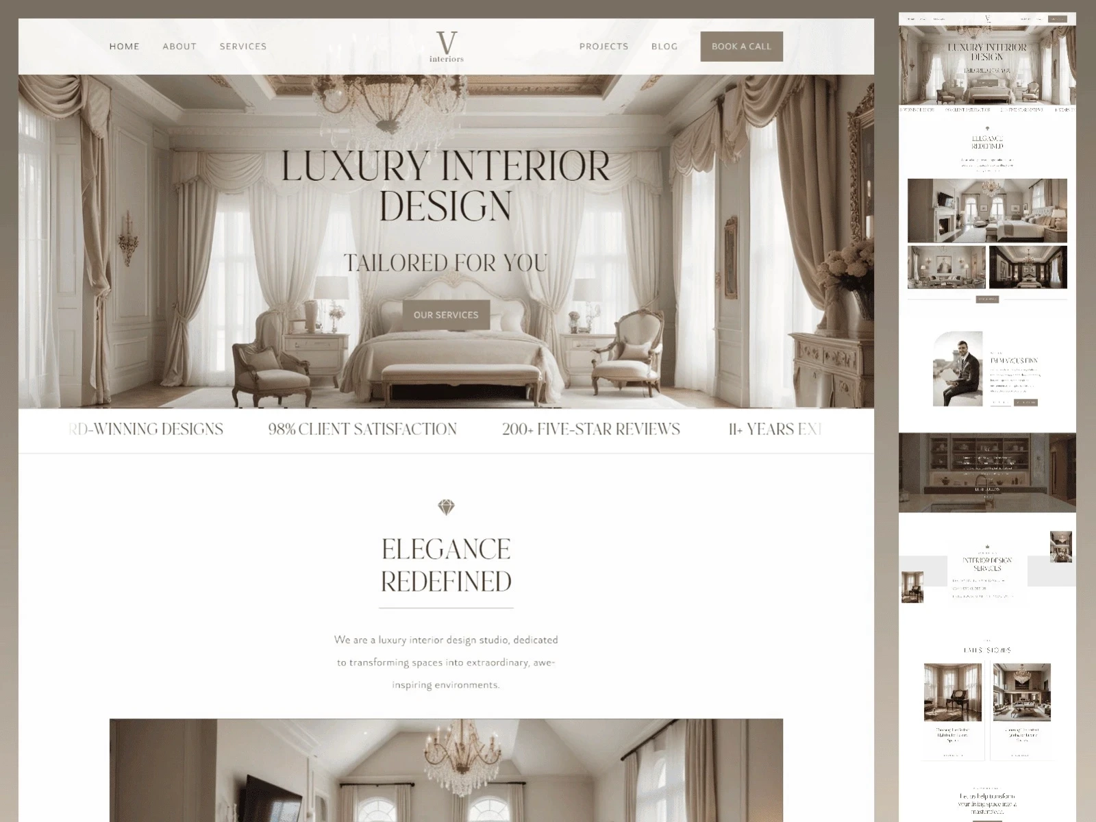 Vela interior design template featuring a luxurious beige bedroom and elegant typography.