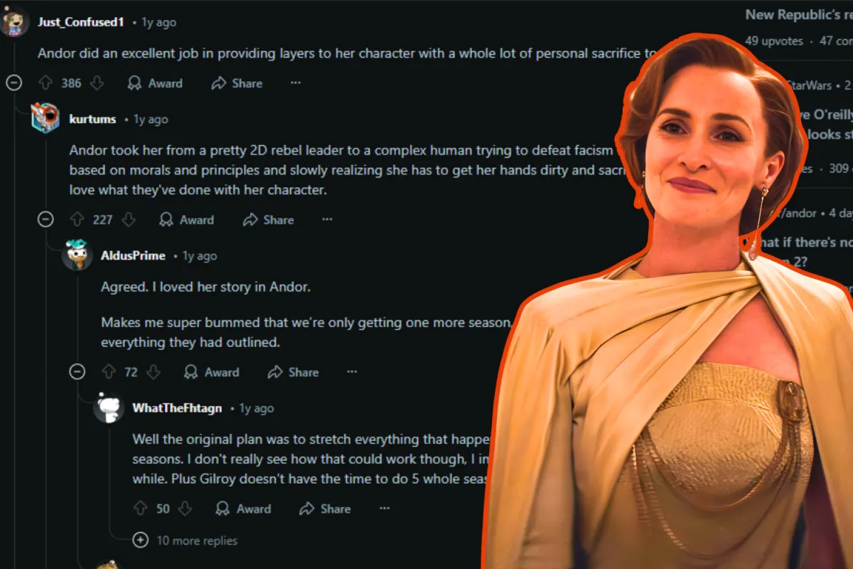 Mon Mothma from Andor overlaid on a Reddit thread praising her character development and sacrifices throughout the series.