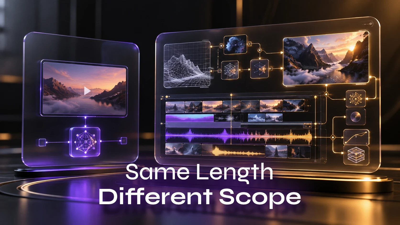 Two digital proposal panels compare a single AI video frame with a layered production timeline.