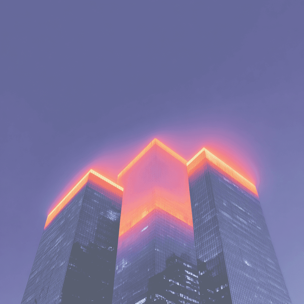 Tops of skyscrapers glowing with orange and pink lights