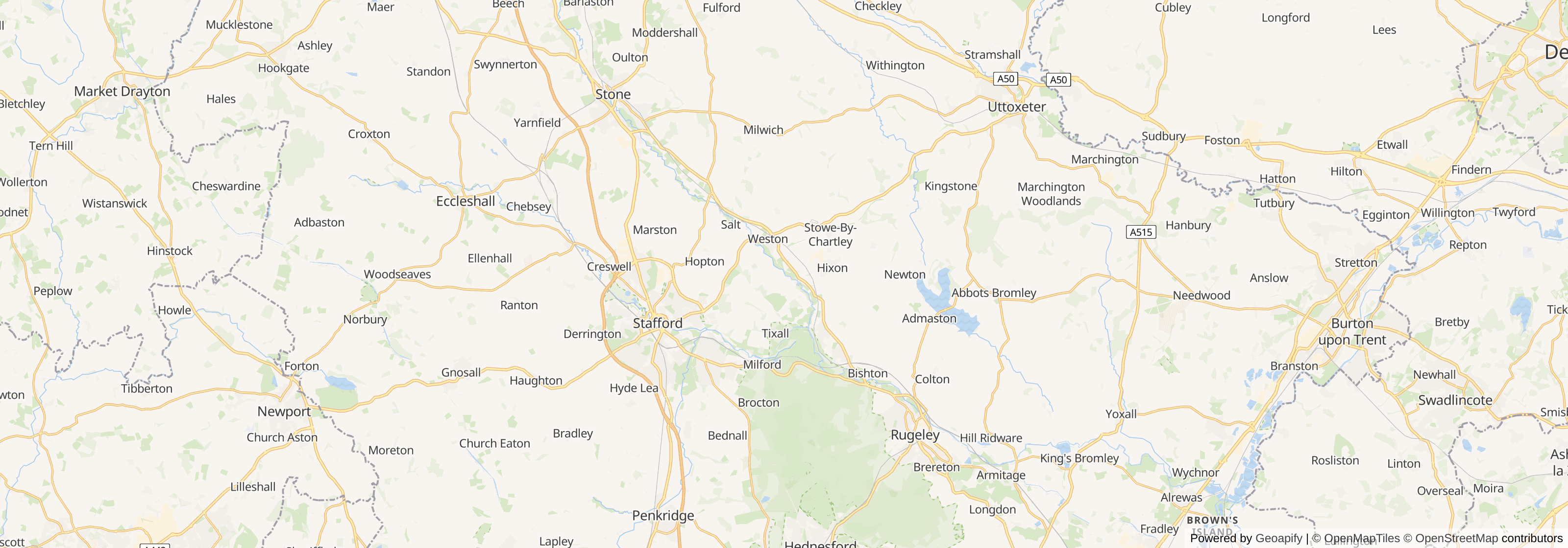 Map of Staffordshire showing main towns, roads and surrounding areas