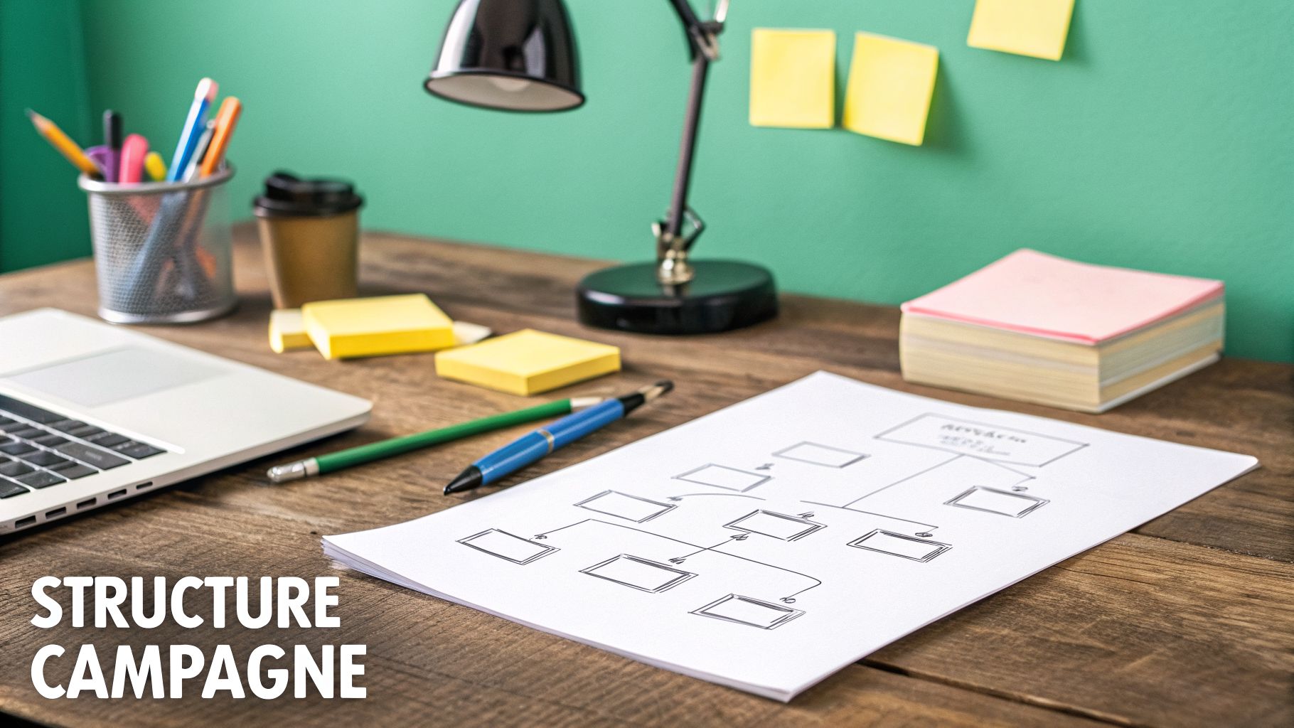 Bureau de travail avec un ordinateur portable, des stylos, des notes adhésives et un schéma de structure de campagne.