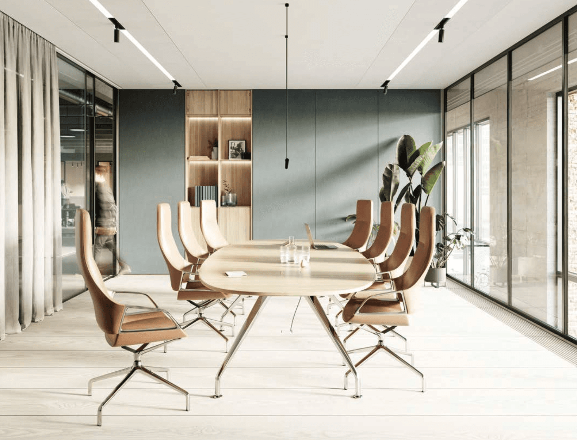 Graph chairs and table displayed in Wilkhahn’s digital construction of a conference room.