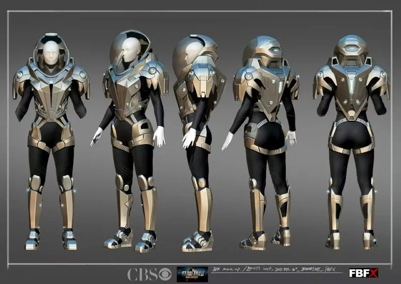 A futuristic astronaut suit with a sleek design is displayed in a variety of angles on a neutral grey background, featuring metallic finishes and transparent helmet visors, showcasing an emphasis on advanced space exploration technology.
