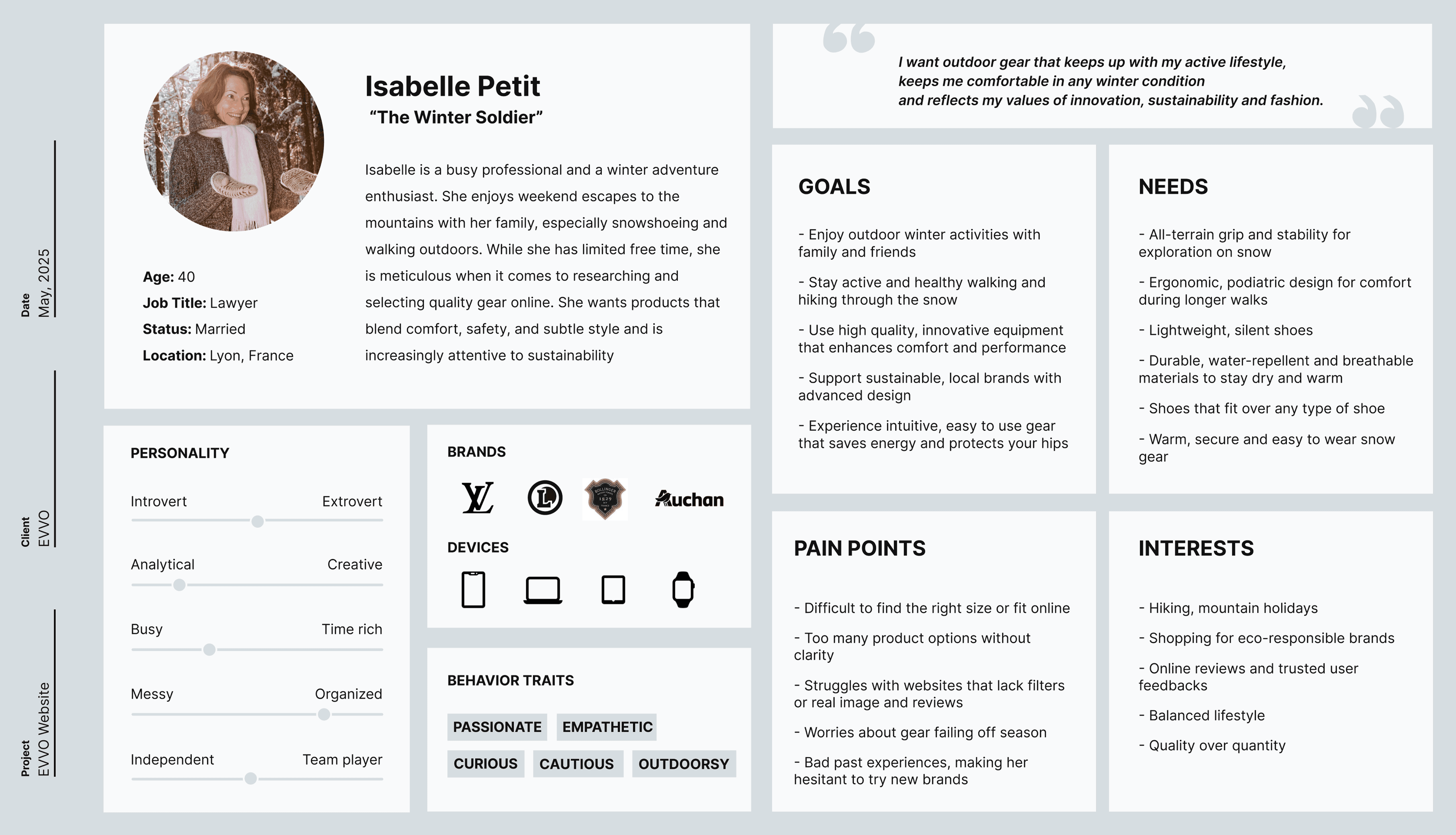 Persona board for Isabelle Petit, a 40-year-old lawyer from Lyon, France, who is a winter adventure enthusiast and busy professional. Includes attributes such as goals (enjoying outdoor winter activities, sustainability, comfort), needs (grip and stability, comfort, warmth), pain points (hard to find right gear online, unclear options, lack of reviews), interests (hiking, quality gear, eco-brands), behavior traits, personality scales, favorite brands, and devices used. Contains a circular portrait of Isabelle wearing winter clothing.
