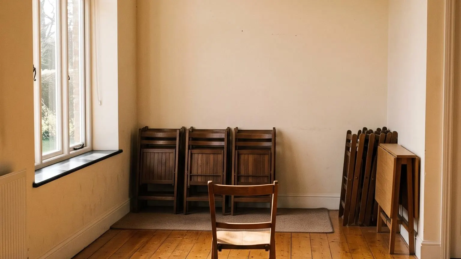 A village hall in winter afternoon sun, stacked chairs against the wall and one chair left out