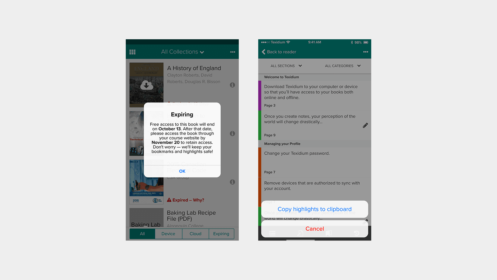 Side-by-side mockups of native iOS components: left screenshot shows library view with teal header, book tiles, and a translucent alert titled 'Expiring' explaining free access ending on October 13 with bold dates and an 'OK' button; right screenshot shows reader view with teal header, side-by-side sections and categories dropdowns, and a system action sheet offering 'Copy highlights to clipboard' and 'Cancel' at the bottom.