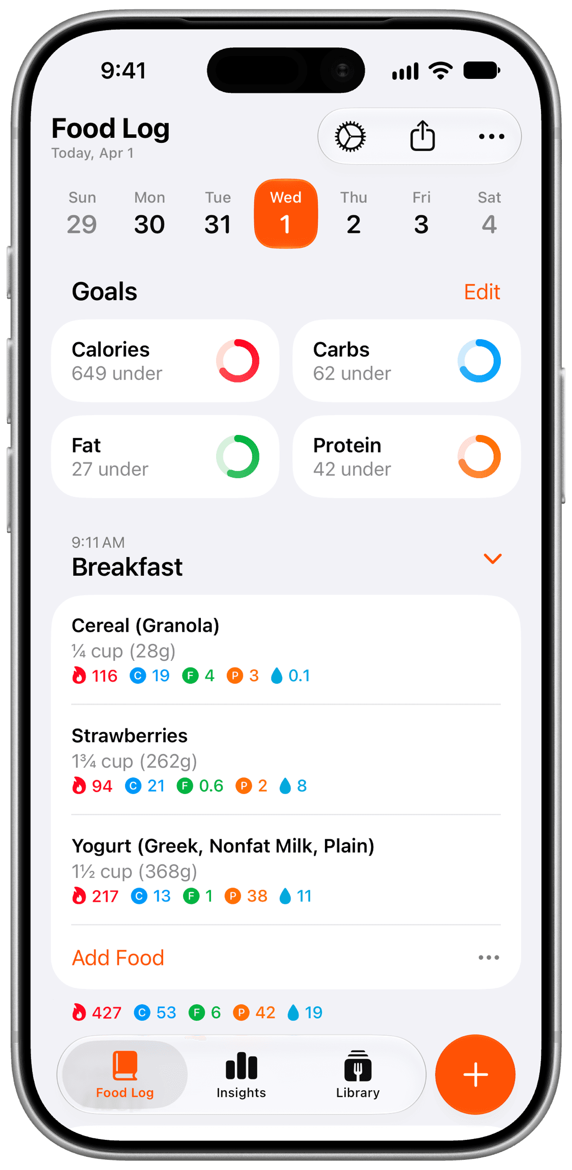 Foodnoms food diary showing daily meal log with calories, carbs, fat, and protein tracking for breakfast and lunch