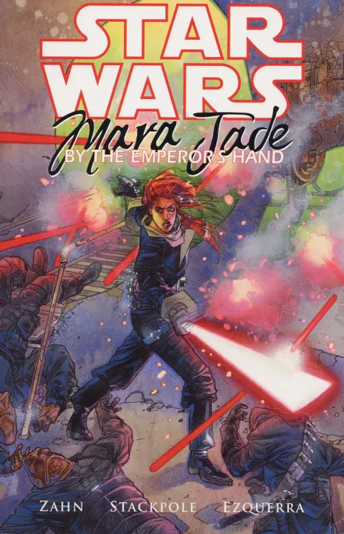 Cover art for Mara Jade: By The Emperor's Hand showing Mara in a black outfit deflecting blaster bolts while holding a red lightsaber