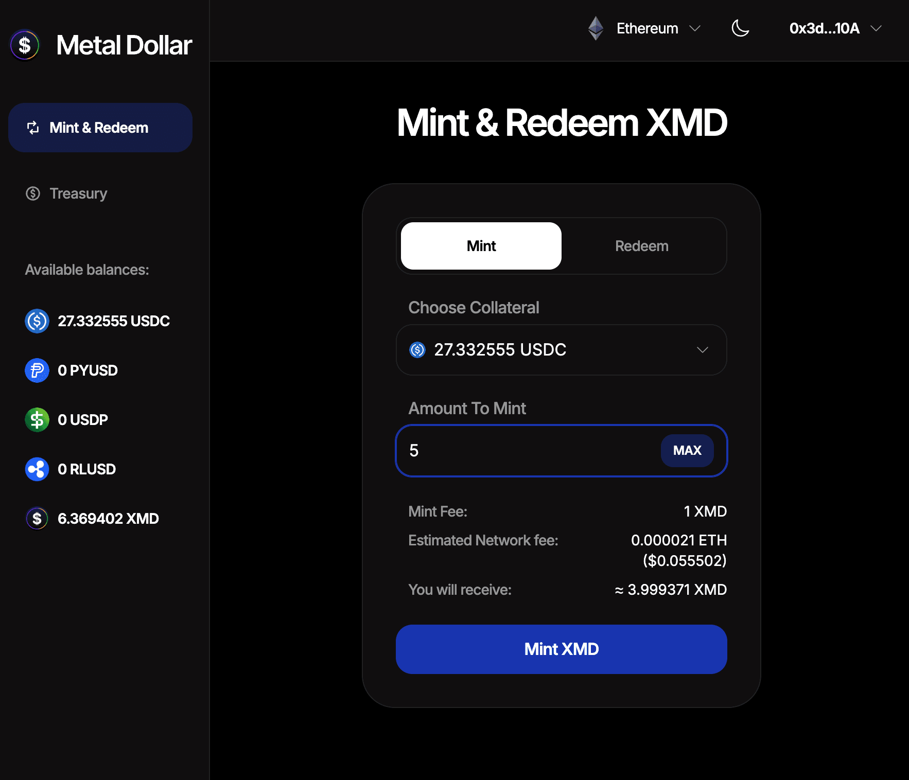 Metal Dollar mint and redeem interface on Ethereum showing supported reserve assets and the XMD mint form