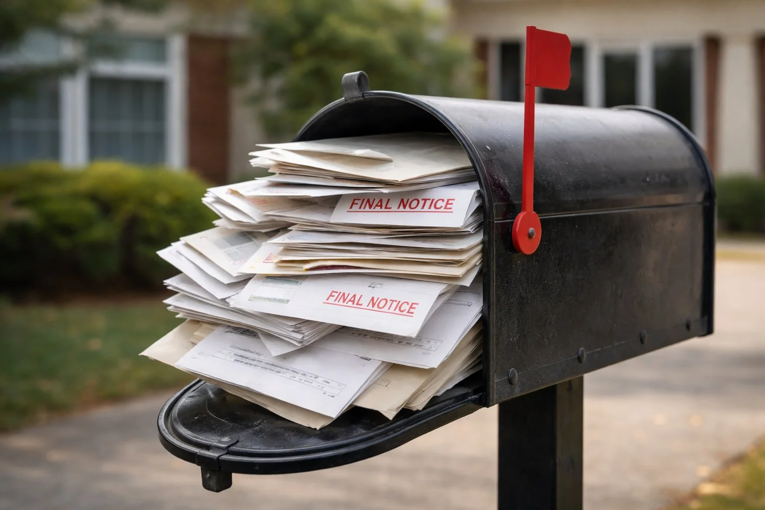 Mailbox overflowing with official-looking envelopes, some unopened, set against a quiet residential or business exterior.