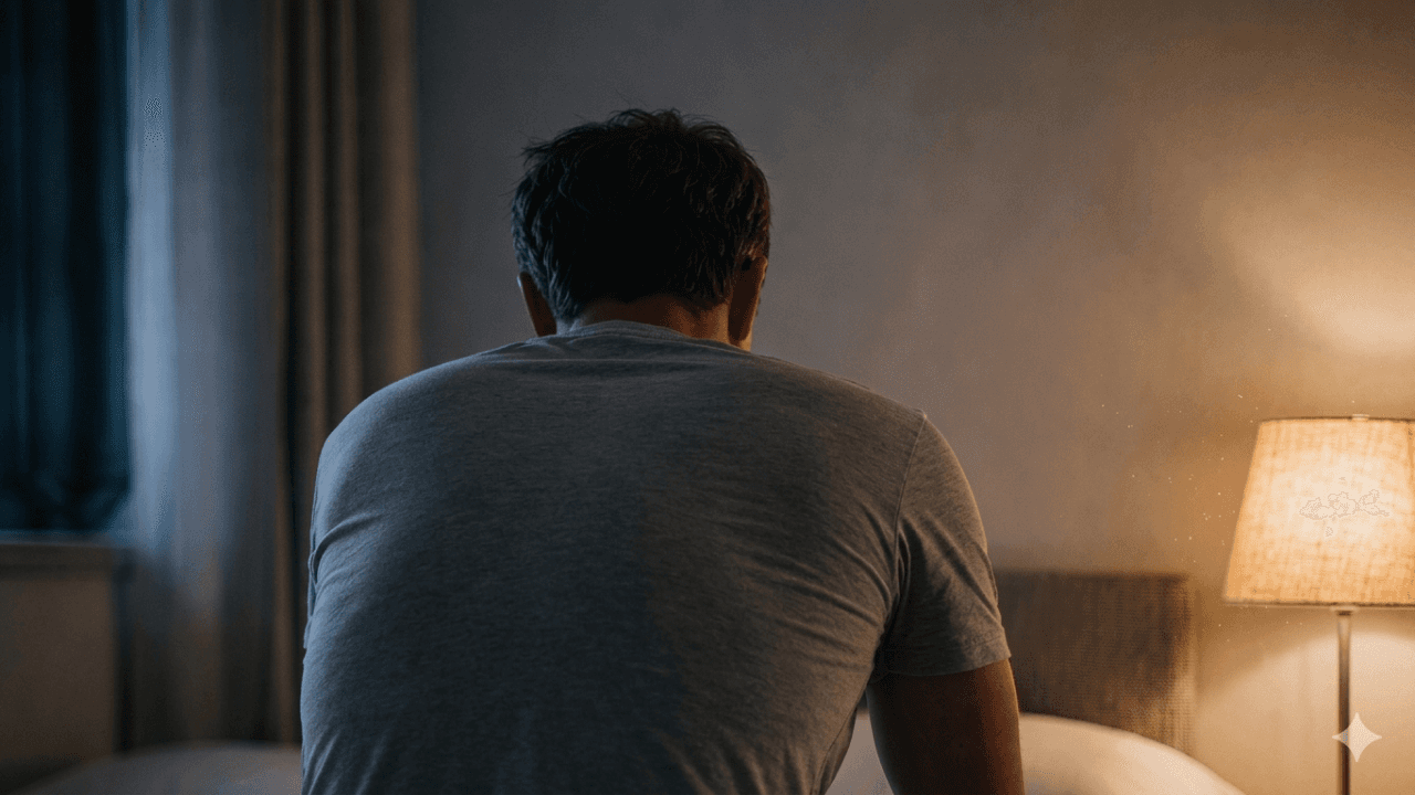 Personne assise au bord d'un lit dans une chambre sombre, dos tourné, lampe allumée