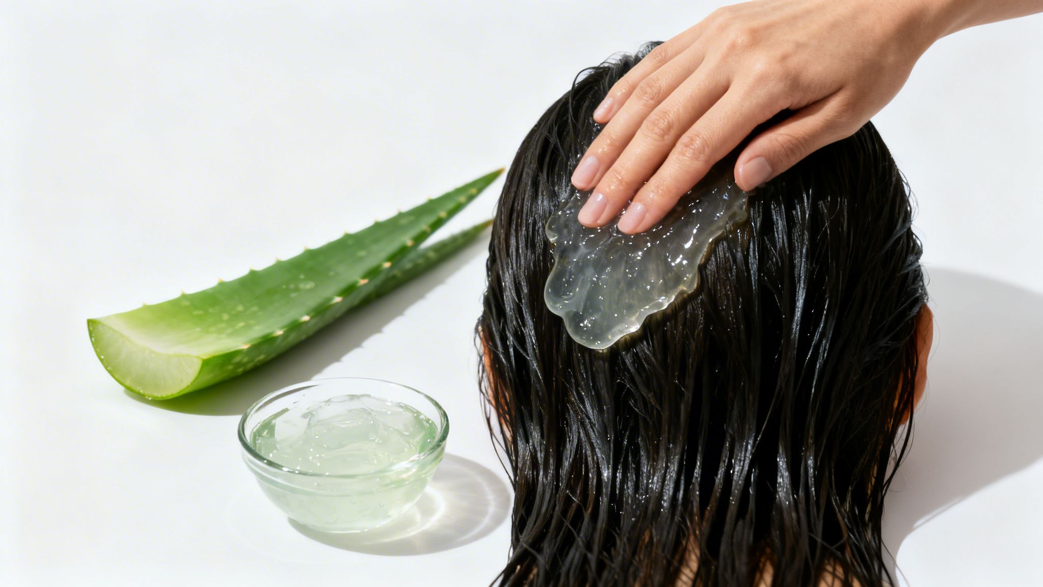 A hand applies clear aloe vera gel to dark, wet hair, with a fresh aloe leaf and gel in a bowl.