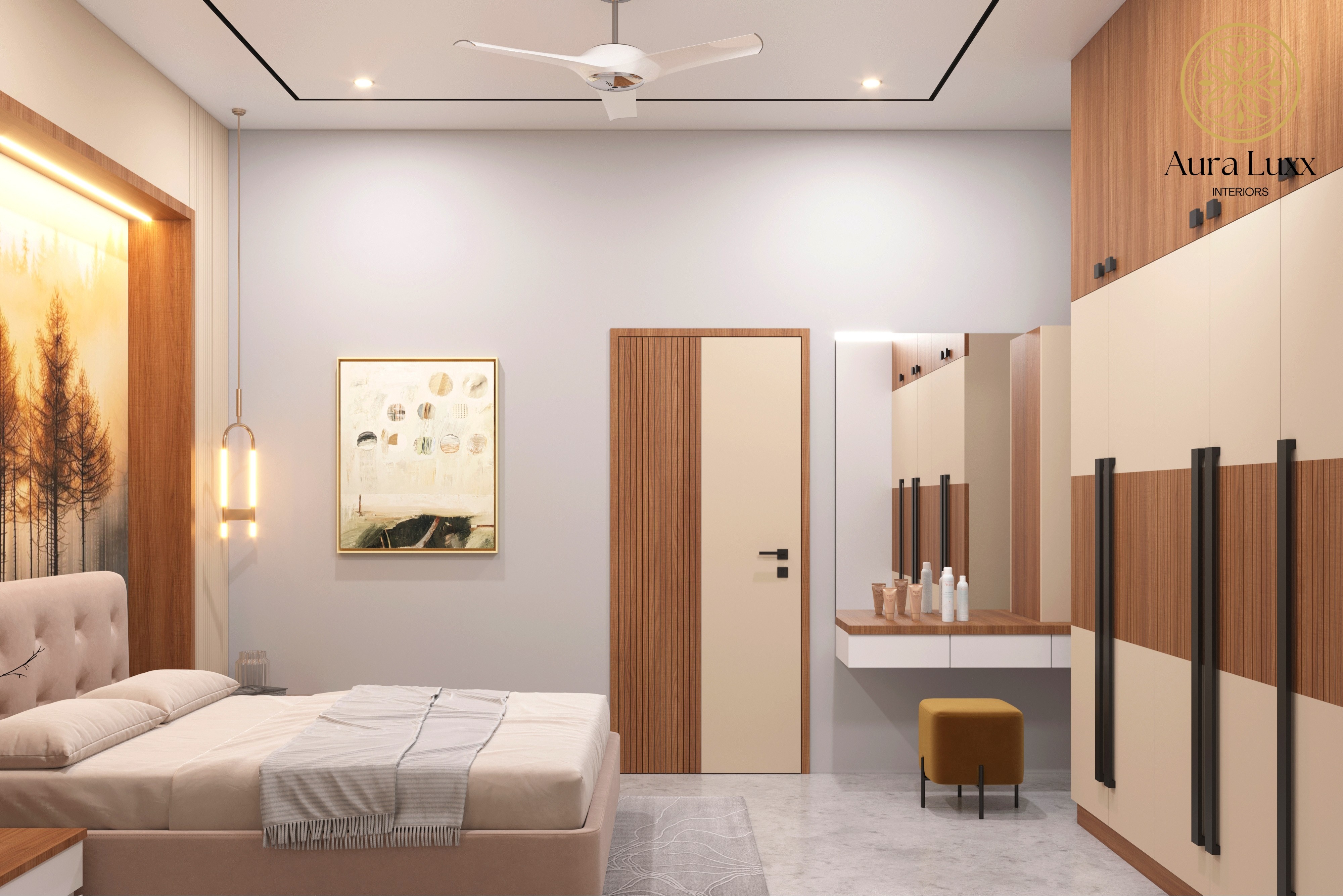 Branded Aura Luxx bedroom visualisation showing an upholstered bed, cream and wood-toned wardrobe, dressing mirror and mustard stool